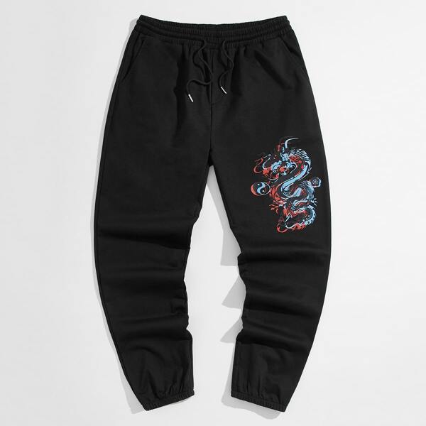 

Men Chinese Dragon Drawstring Sweatpants, Black