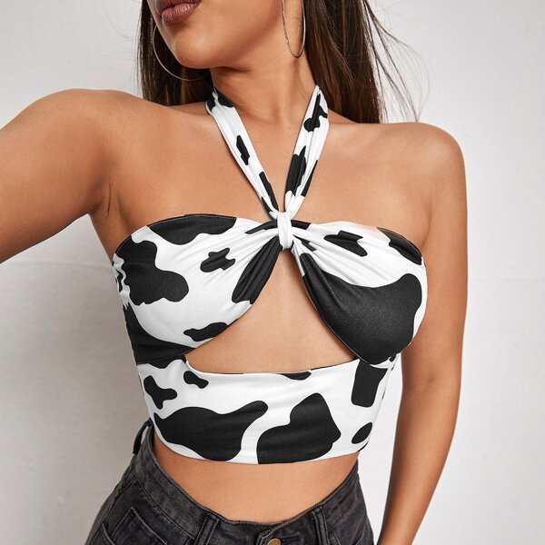 

Cow Print Peekaboo Ruched Bust Crop Halter Top, Black and white