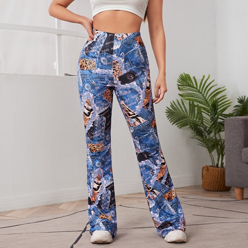 

Patchwork Slogan Graphic Flare Leg Pants, Multicolor