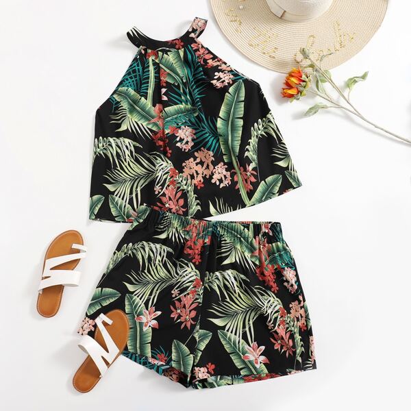 

Plus Tropical Print Halter Top & Shorts, Multicolor