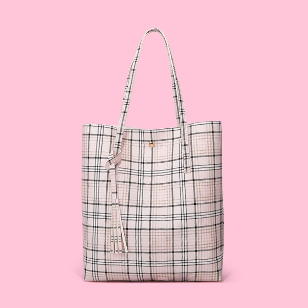 

Tassel Decor Plaid Pattern Tote Bag, Baby pink