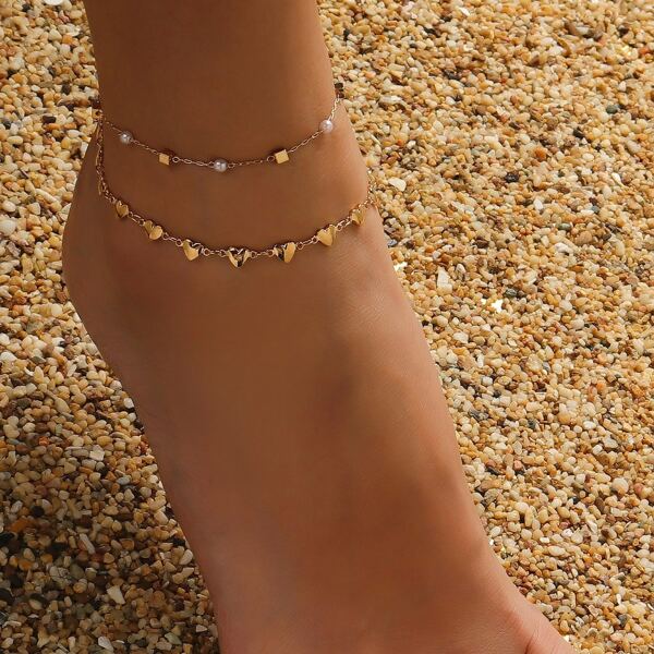 

2pcs Heart & Faux Pearl Decor Anklet, Gold