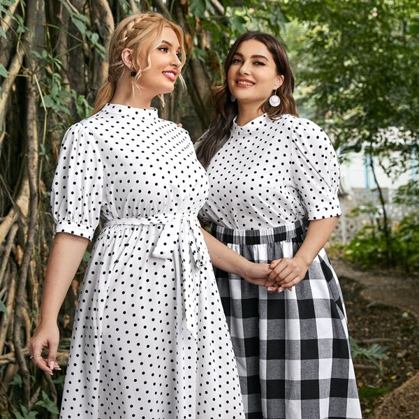 

Plus Puff Sleeve Polka Dot Top & Gingham Skirt Set, Black and white