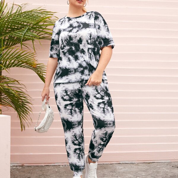 

Plus Drop Shoulder Tie Dye Top & Pants Set, Multicolor