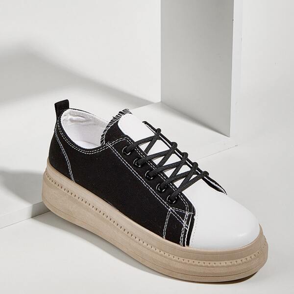 

Lace Up Front Two Tone Canvas Shoes, Black