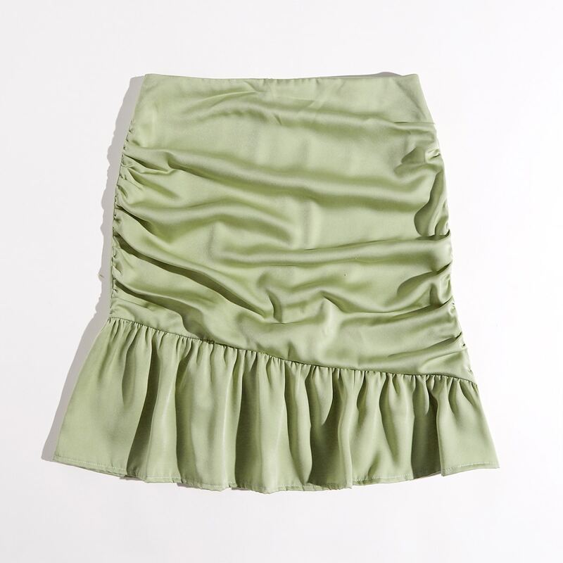 

Solid Ruffle Hem Ruched Skirt, Lime green