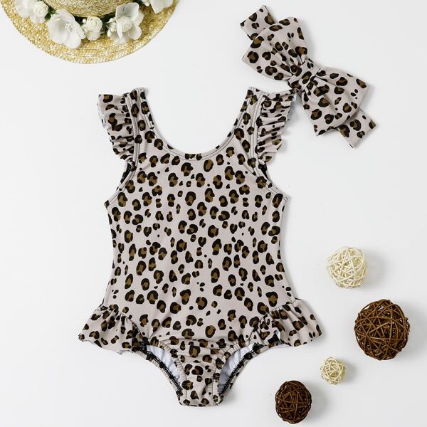 

Baby Girl Leopard Ruffle One Piece Swimsuit & Headband, Multicolor