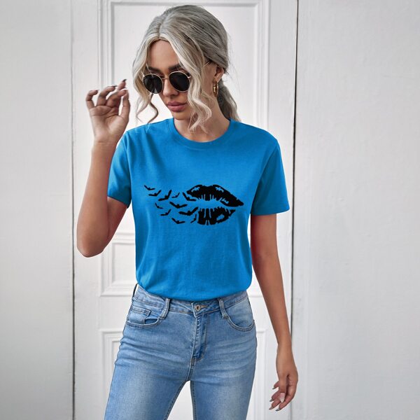 

Lip Print Crew Neck Tee, Blue