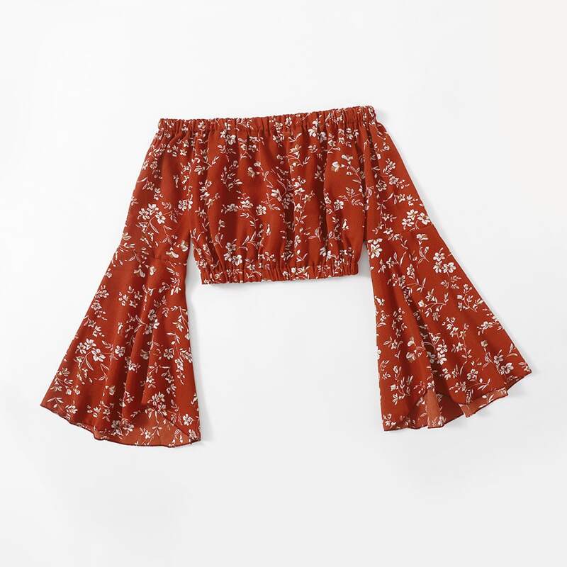 

Ditsy Floral Off The Shoulder Crop Top, Rust brown