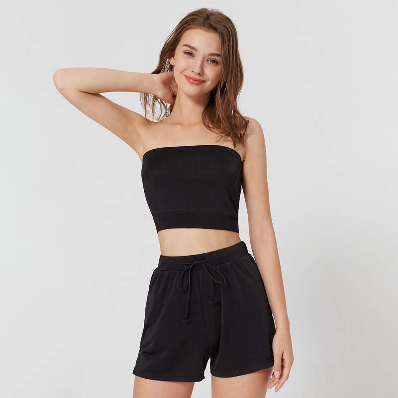 

Solid Crop Tube Top & Drawstring Shorts, Black