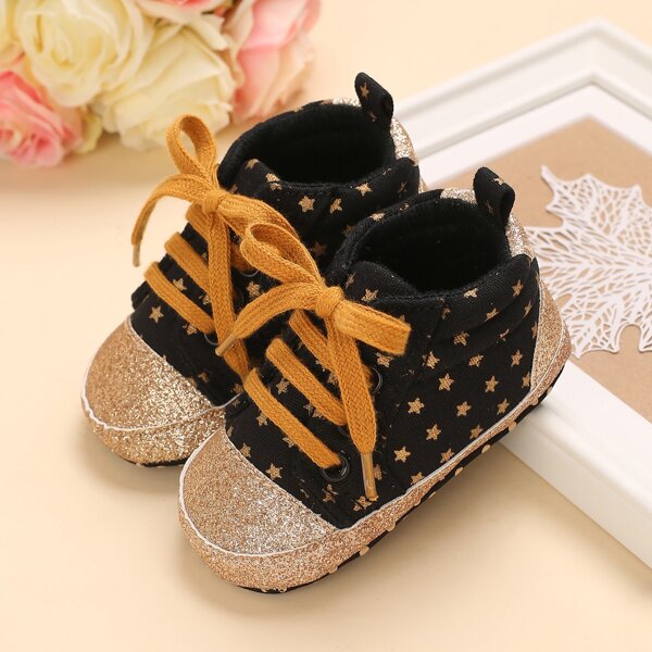

Baby Girl Glitter Star Graphic Lace-up Front Sneakers, Black