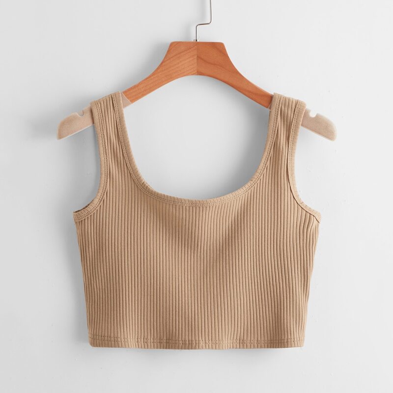 

Solid Ribbed Tank Top, Khaki
