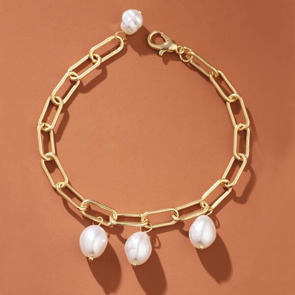 

Faux Pearl Decor Chain Bracelet, Gold
