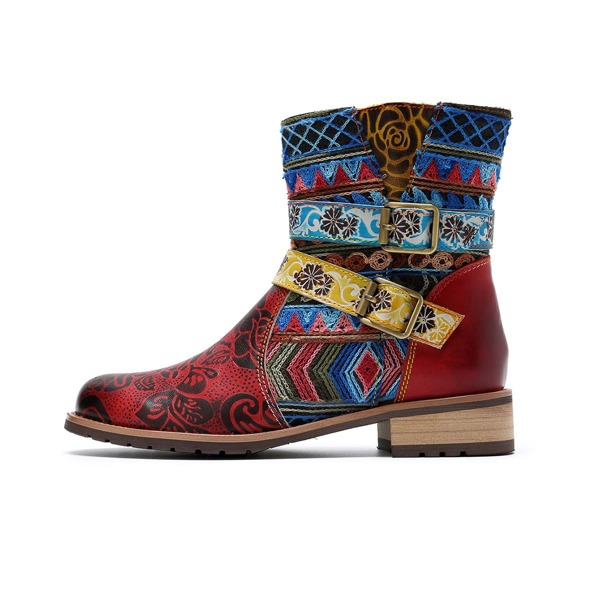 

Floral Graphic Buckle Leather Boots, Multicolor