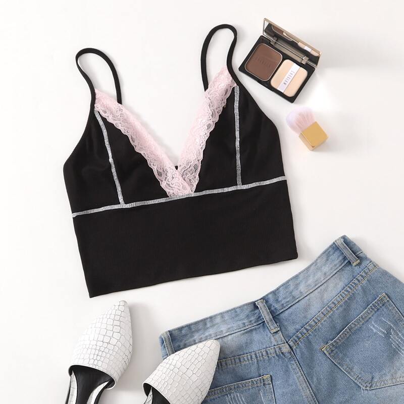 

Contrast Stitch Lace Trim Rib-knit Cami Top, Black
