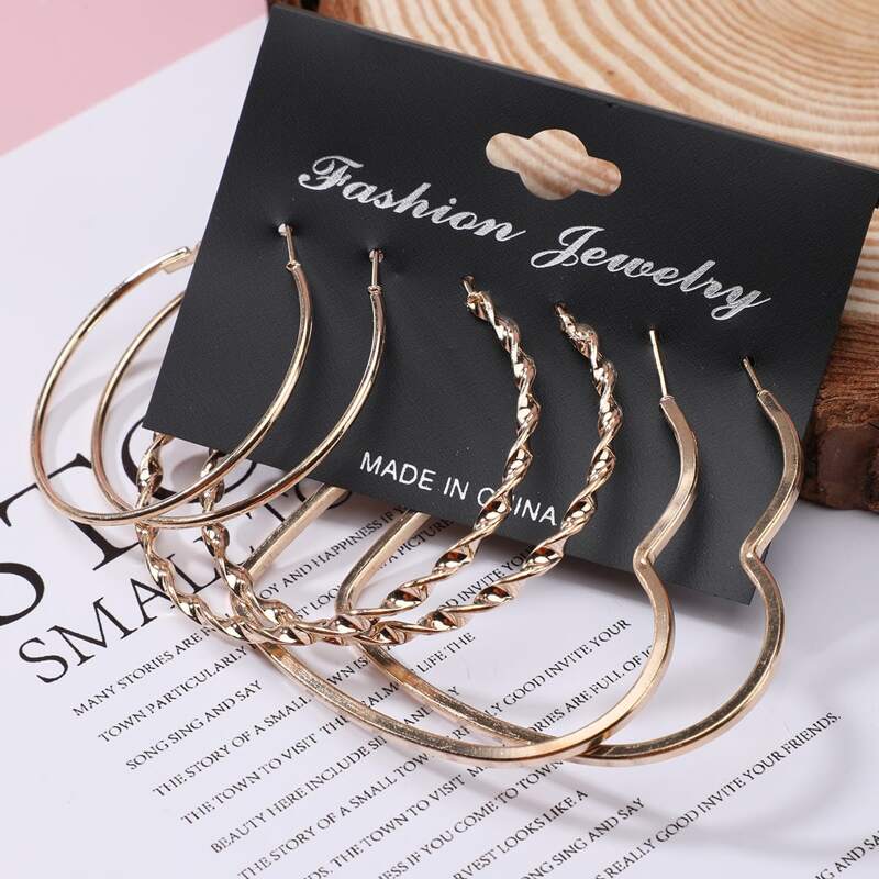 

3pairs Heart Textured Hoop Earrings, Gold
