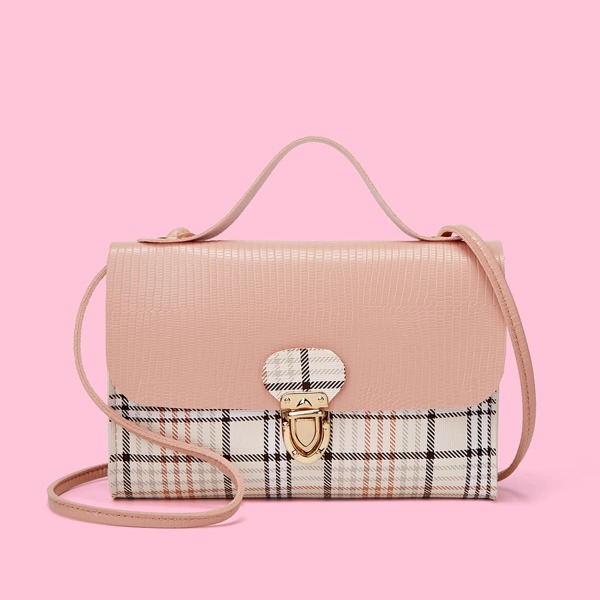 

Plaid Pattern Push Lock Flap Satchel Bag, Dusty pink