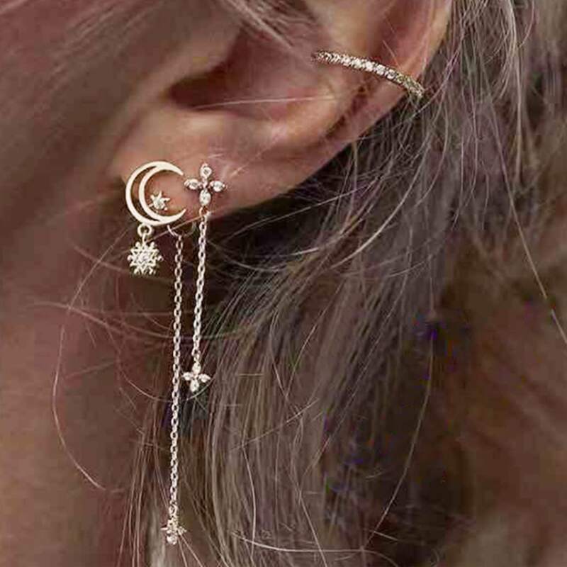 

4pcs Rhinestone Star & Moon Earring Set, Gold