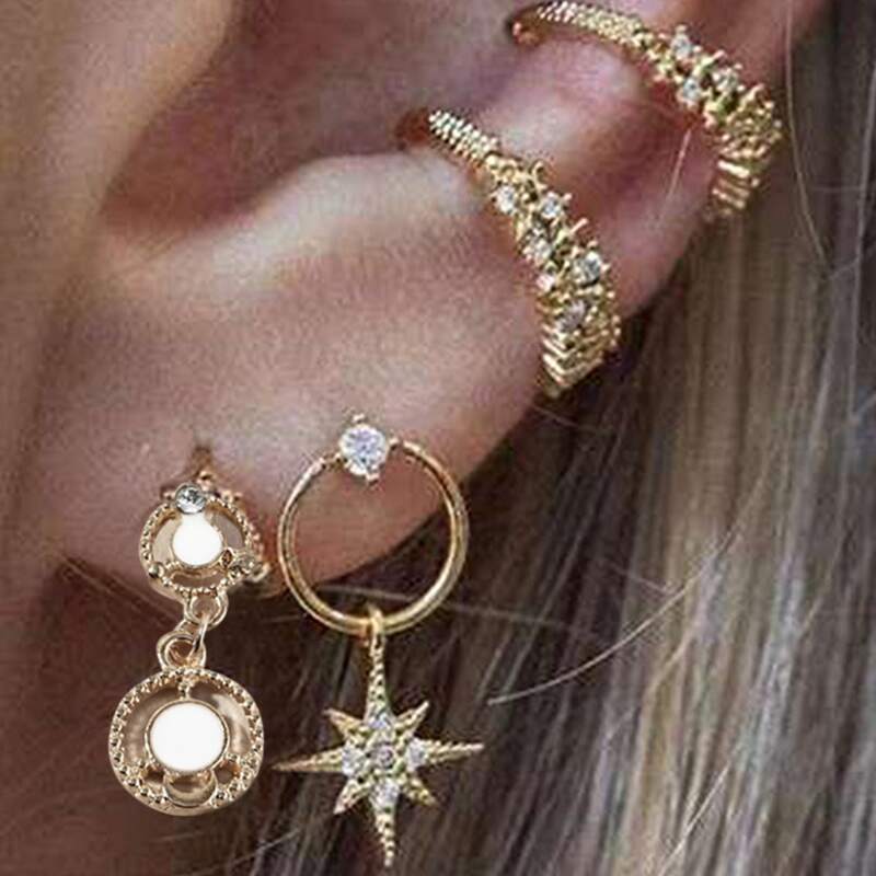 

4pcs Rhinestone Star Earring Set, Gold