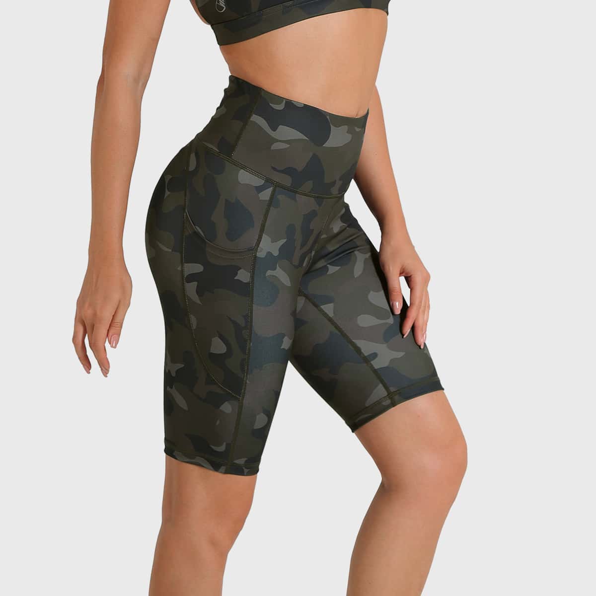 

Camo Pocket Side Wide Waistband Sports Biker Shorts, Multicolor