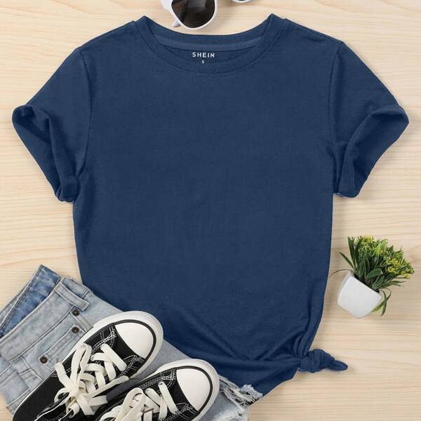 

Solid Round Neck Tee, Navy blue