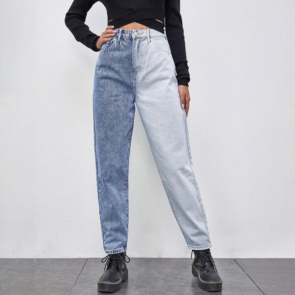 

High Waist Slant Pocket Two Tone Mom Jeans, Light wash