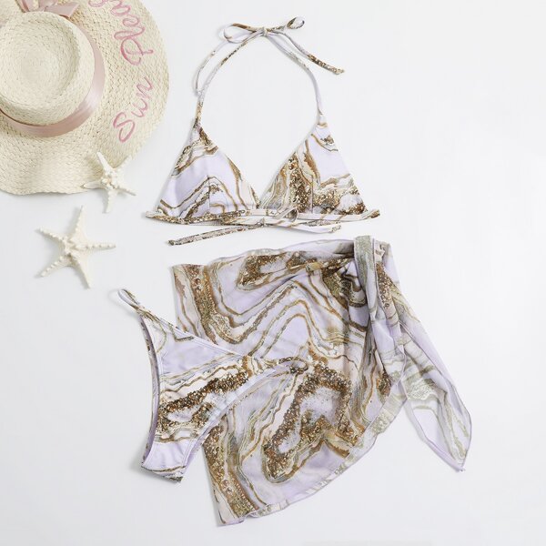 

3pack Marble Print Triangle Bikini Swimsuit & Beach Skirt, Multicolor