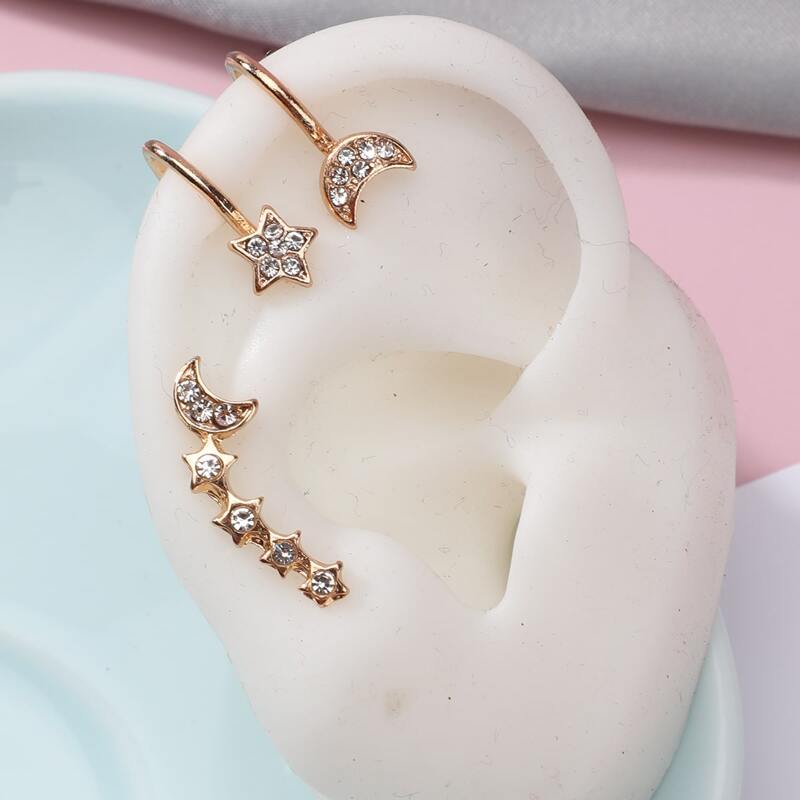 

3pcs Rhinestone Star & Moon Earring Set, Gold