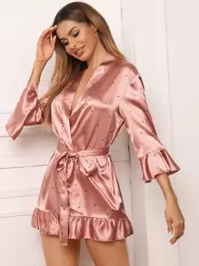 Bata de satén con cinturón bajo con fruncido de lunares - Rosa - Ver 1