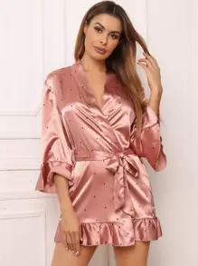 Bata de satén con cinturón bajo con fruncido de lunares - Rosa - Ver 3