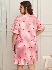 Plus Gingham & Strawberry Ruffle Hem Night Dress - Red and White - View 2