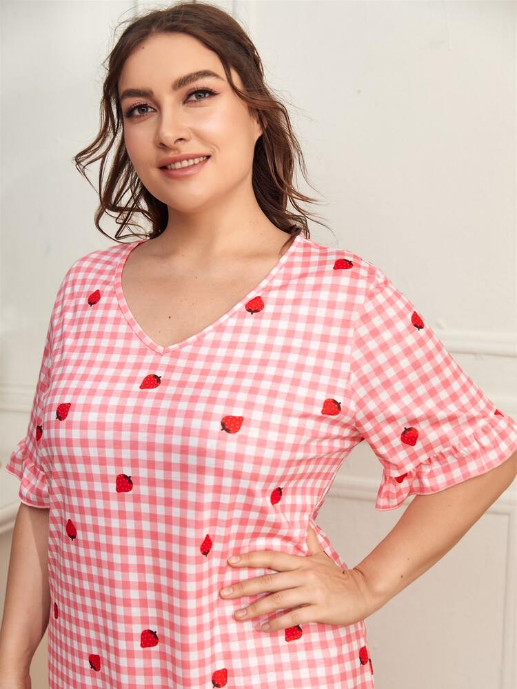 Krås Hem Gingham Söt Plus Size Nattklänningar & Pyjamasskjortor - Rött och Vitt - Visa 5