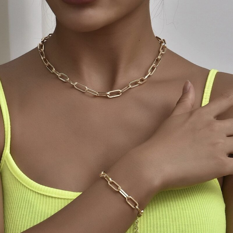 

1pc Chain Necklace & 1pc Bracelet, Gold