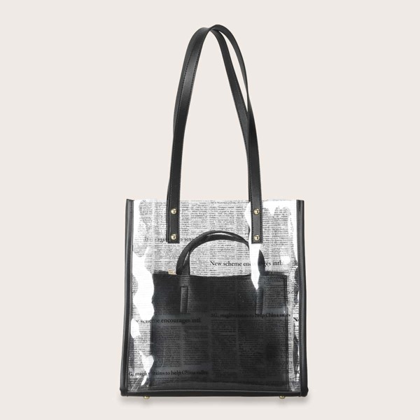 

Clear Newspaper Pattern Tote Bag With Satchel Bag, Black