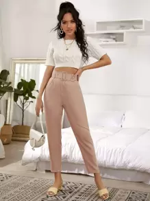 GENKIRA Pantalones cónicos recortados con lazo - Caqui - Ver 5