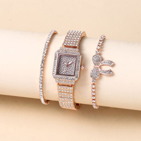 

1pc Rhinestone Decor Square Pointer Watch & 2pcs Bracelet