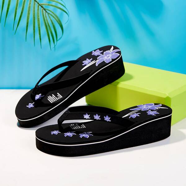

Floral Graphic Flatform Flip Flops, Black