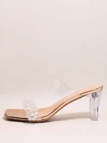 Giày cao gót mule thời trang dành cho nữ, Giày cao gót chunky có chi tiết đính cườm - Rượu sâm banh - Xem 2