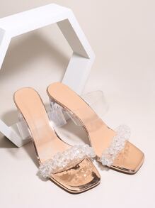 Giày cao gót mule thời trang dành cho nữ, Giày cao gót chunky có chi tiết đính cườm - Rượu sâm banh - Xem 5