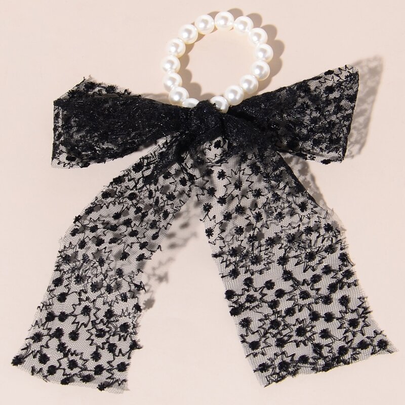 

1pc Mesh Bow Faux Pearl Hair Tie, Multicolor