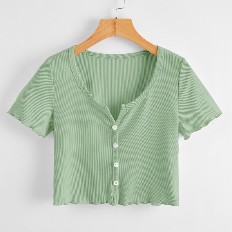 

Solid Button Front Ribbed Crop Tee, Mint green
