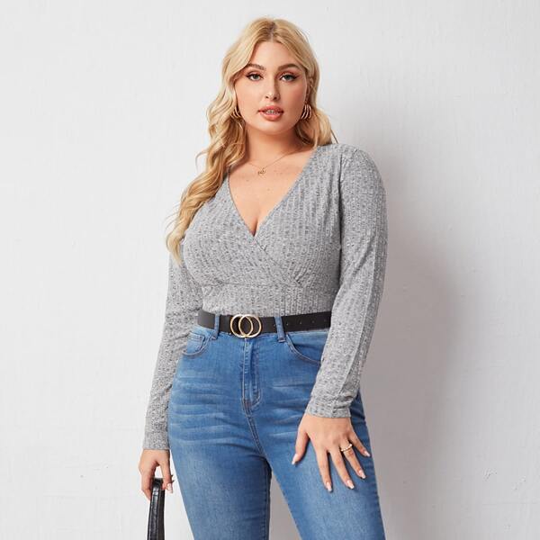 

размера плюс Топ с v-образным вырезом вязаный в рубчик, Серый