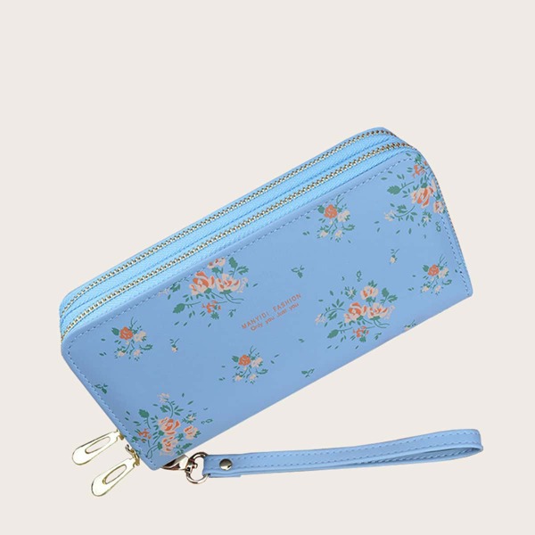 

Floral Pattern Double Zipper Purse, Blue