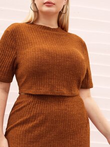 SHEIN Essnce Plus Rib-knit Top & Skirt Set - Brown - View 5
