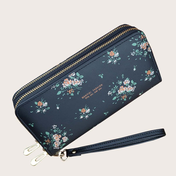 

Floral Pattern Double Zipper Purse, Black
