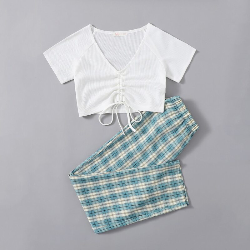 

Solid Drawstring Ruched Crop Tee & Plaid Pants, Multicolor