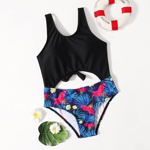 

Girls Tropical Cut-out One Piece Swimsuit, Multicolor