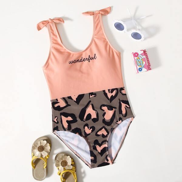 

Girls Letter & Heart Print One Piece Swimsuit, Multicolor