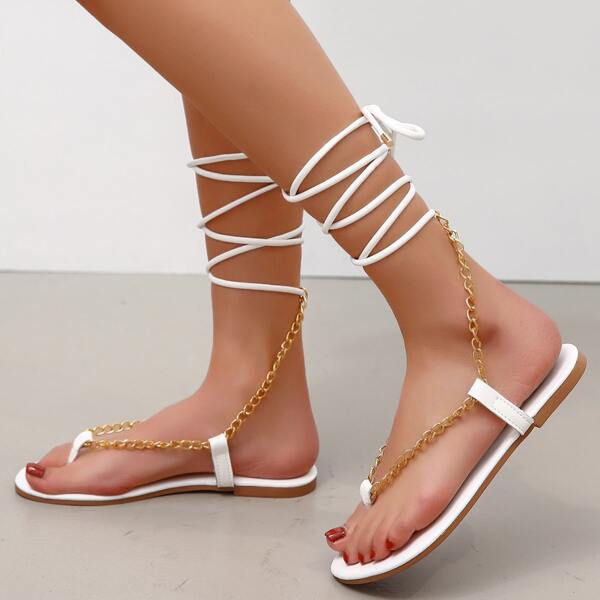 

Tie Leg Chain Flat Thong Sandals, White