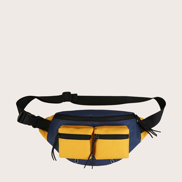 

Men Color Block Double Zip Front Fanny Pack, Yellow